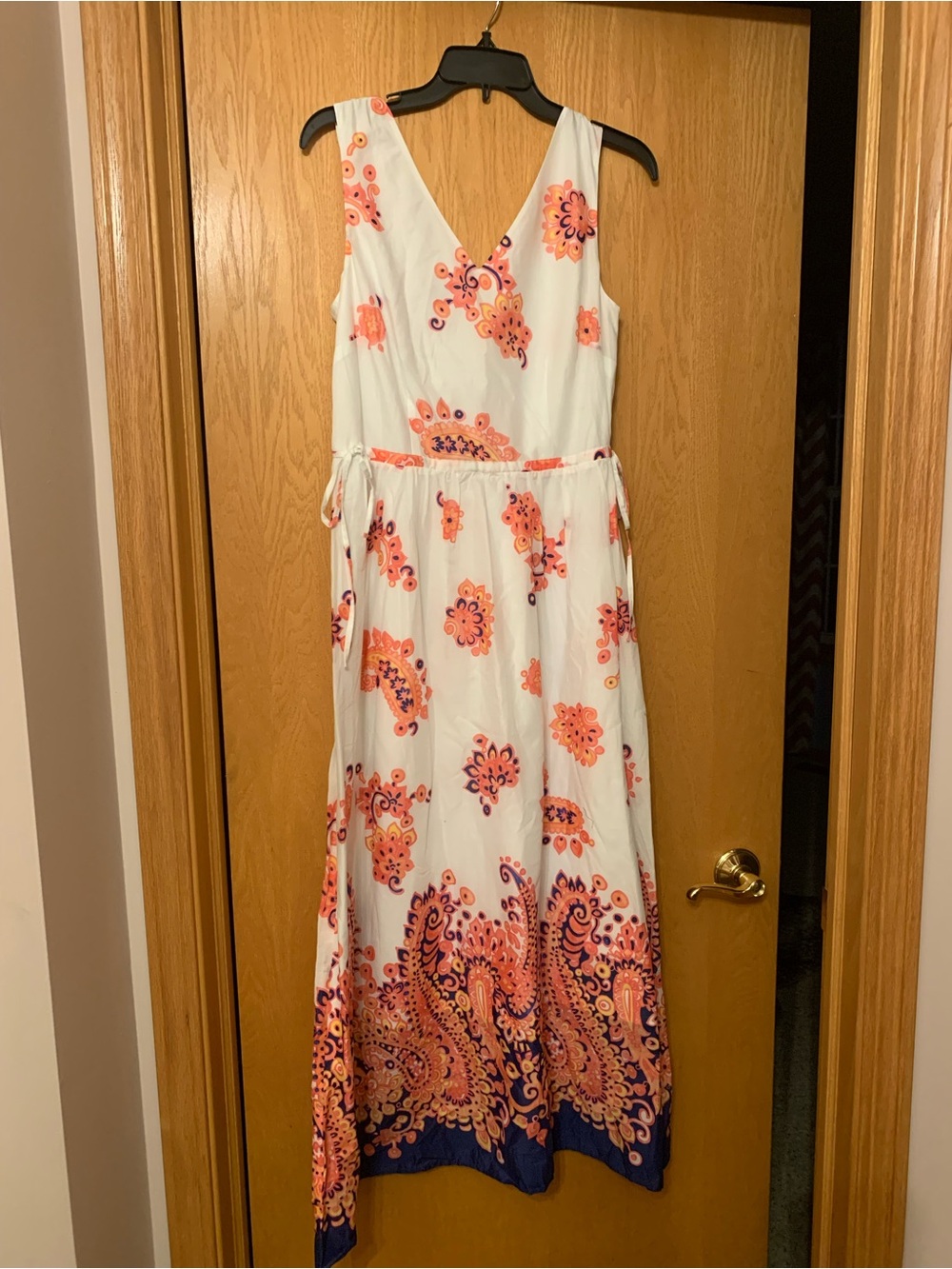 Talbots White Maxi Dress with Coral and Navy Paisley Border